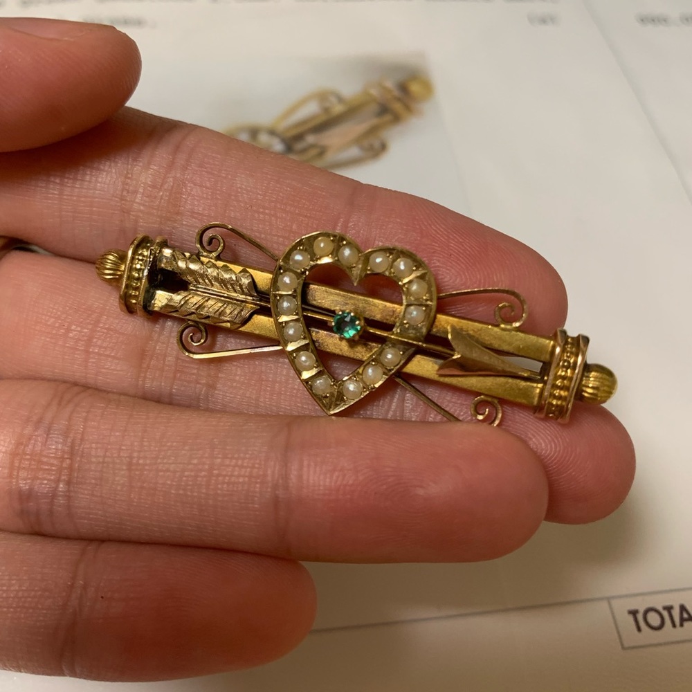 15k solid gold antique brooch emerald pearls